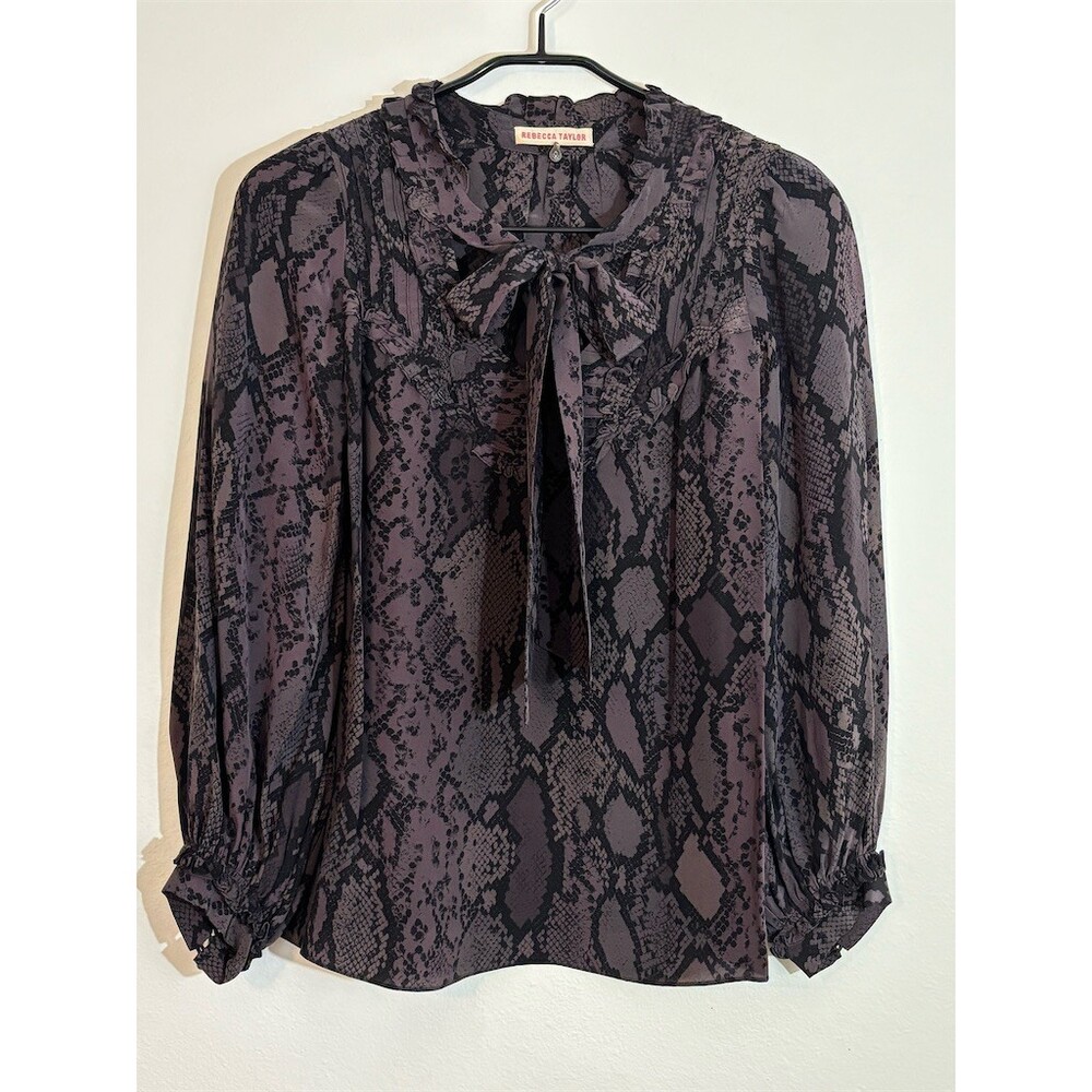Rebecca Taylor Blouse Womens M Purple/Grey Snakeskin Print Tie Neck Long Sleeve